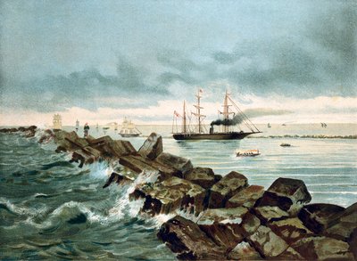Udsigt over Suez-kanalen indvies den 17.09.1869. Kromolitografi af det 19. århundrede af Unknown artist