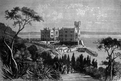 Udsigt over slottet Miramare i Trieste (i den østrigske periode), gravering fra 1885 af Unknown artist