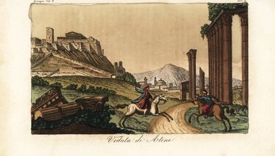 Udsigt over byen Athen, Grækenland, med Akropolis og Parthenon til venstre, ruiner af søjler, monumenter og Propylaea foran af Unknown artist