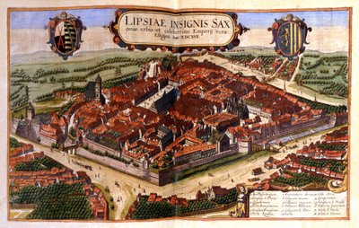 Udsigt over byen Leipzig i Tyskland. Stik af det 17. århundrede af Unknown artist