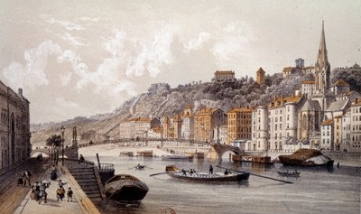 Udsigt over byen Lyon fra Quai Tilsitt. Indgravering af det 19. århundrede. Paris, B.N. af Unknown artist
