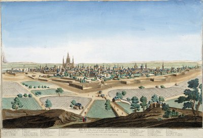 Udsigt over byen Milano, Italien med katedralen og fæstningsværket. Stik af det 18. århundrede. af Unknown artist