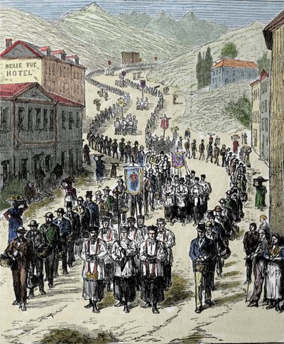 Udsigt over processionen fra stationen til Lourdes-hulen i de høje Pyrenæer, hvor Jomfruen viste sig for Bernadette Soubirous (1844-1879) i 1858, det nuværende pilgrimssted. Indgravering af det 19. århundrede af Unknown artist