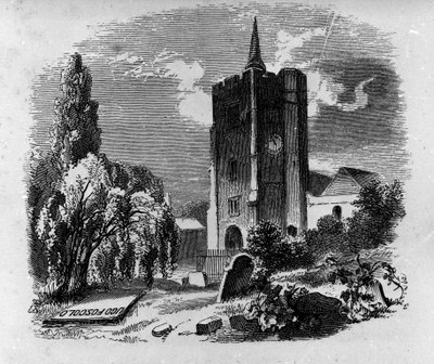 Udsigt over den italienske digter og dramatiker Ugo Foscolos (1778-1827) grav på kirkegården i Chiswick i London. Indgravering af det 19. århundrede af Unknown artist