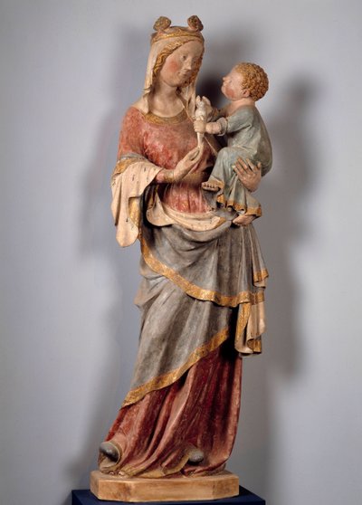 Jomfru og barn Barnet holder duen. Polykrom stenskulptur fra begyndelsen af 1300-tallet. Champeuil, sognekirke af Unknown artist