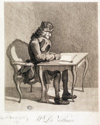 Voltaire ved sit arbejdsbord - gravering af Unknown artist