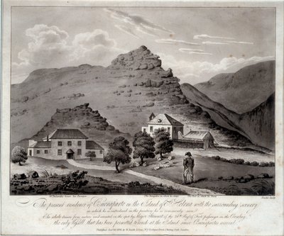 Udsigt over øen Sainte Helene (Ile Sainte-Helene) Indgravering af det 19. århundredes Malmaison. Slotsmuseet af Unknown artist