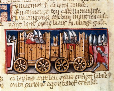 Krigsmaskiner, forløber for våbentanken, brugt af Karl den Store mod maurerne i Spanien - i "Entrance of Spain", manuskript fra det 14. århundrede. Biblioteca Marciana, Venedig. af Unknown artist
