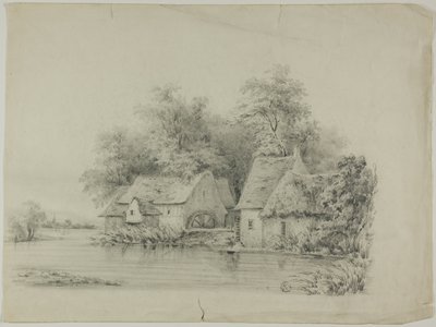 Vandmølle og sommerhus med stråtag af Unknown artist