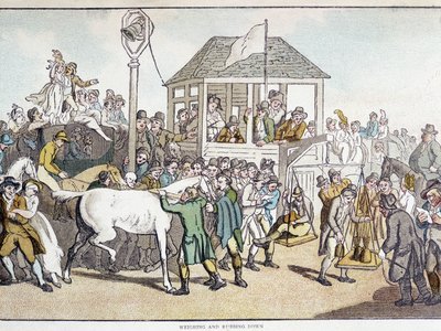 Vejning og vask før et hestevæddeløb (slutningen af 1800-tallet). af Unknown artist