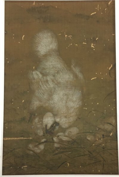 Hvid høne og kyllinger af Unknown artist