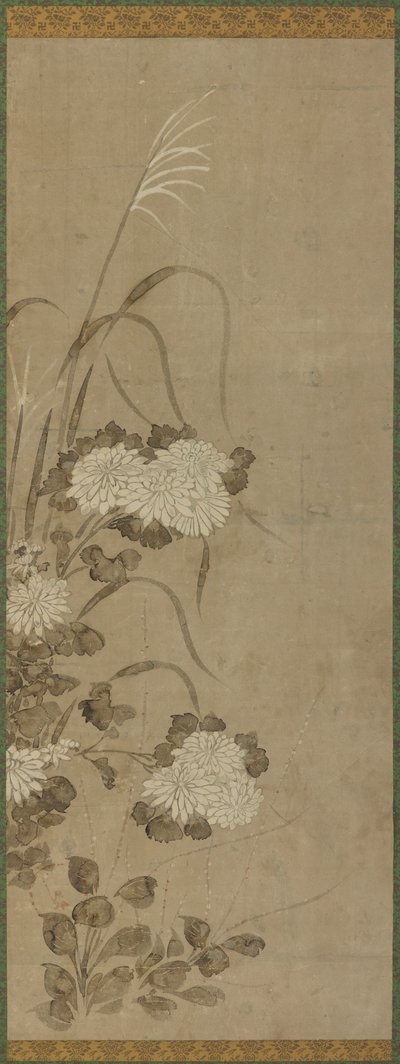 Hvide krysantemum og græsser af Unknown artist