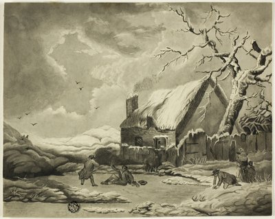 Vinterscene med mennesker uden for et sommerhus nær en dam af Unknown artist