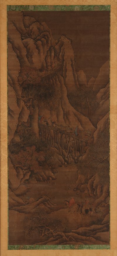 Vinterlandskab: bakker og flod; figurer af ridende rejsende af Unknown artist