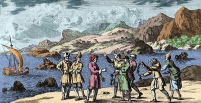 Hekseri og overbevisninger: Finske og samer, der provokerer en storm ved tre knobs magi. Gravering fra "Mundi Mirabilis Oeconomia" af Johann Zahn (1631-1707) af Unknown artist