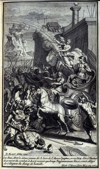 Da de to hære sluttede sig til morgengryets opgang, sendte Jupiter Iris for at fortælle Hector at trække sig tilbage fra slaget og kun at vende tilbage, når Agamemnon gør ondt, ville blive tvunget til at flytte væk fra slagmarken. Illustration af bog XI af af Unknown artist