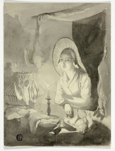 Kvinde klæder høns af Unknown artist
