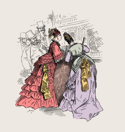 Kvinde på et museum: "" Når jeg fortæller dig, at det er en kjole fra Worth, genkender jeg berøringen"" (Charles Frederick Worth 1825-1895) - illustration af Charles Albert d