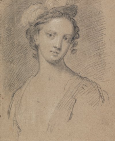 Kvinde iført en fjerbeklædt hovedbeklædning af Unknown artist