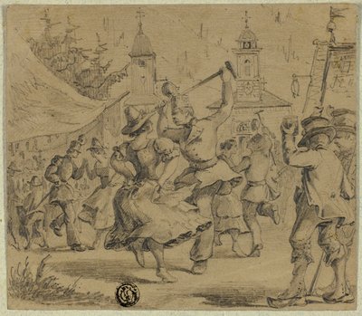 Kvinder og soldater danser på landsbytorvet af Unknown artist