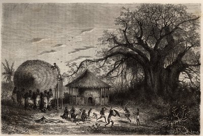 Kvinder fra udkanten af Zambeze vinker hytter og i forgrunden, børns leg. Indgravering til illustration af Dr. Livingstones første rejser til det sydlige Afrika fra 1840 til 1856, i "Le tour du monde, nouveau journal des voyages"" udgivet under den direkte af Unknown artist