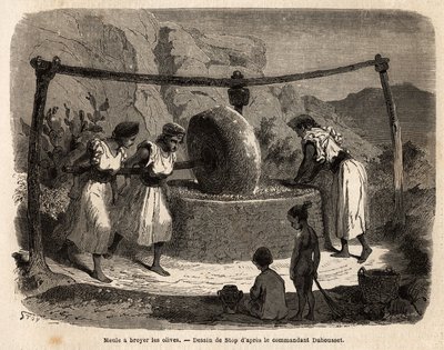Kvindearbejde, formaling af oliven, et af de vigtigste landbrugsprodukter i Djurjura (Algeriet). Gravering til illustration af udflugten til den store Kabilie, mellem Middelhavet og Djurjura, i 1864 af kommandør Duhousset, i "" Le tour du mo af Unknown artist
