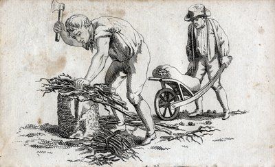 Skovmænd laver bundter af træ og mand, der bærer bundter på en trillebør. Slutgravering af 1700-tallet. Privat samling. af Unknown artist