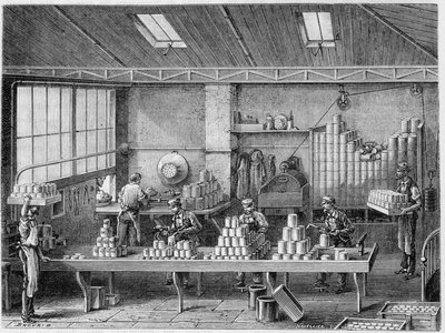 Værksted for påfyldning og lodning af dåser - i "" Industriens vidundere"" af Louis Figuier af Unknown artist