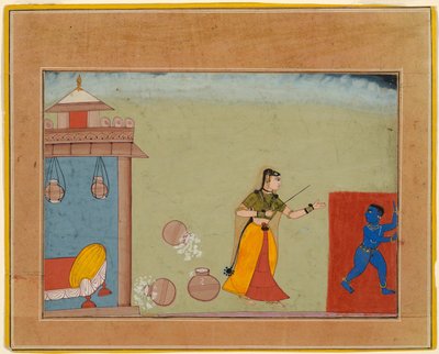 Yashoda tugter sin plejesøn, den unge Krishna, side fra et manuskript af Bhagavata Purana af Unknown artist