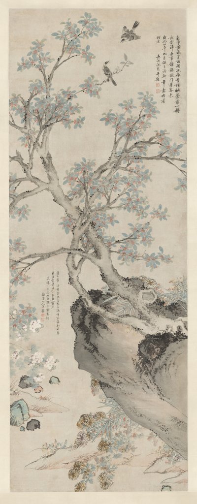 Gule krysantemum og rød osmanthus i stil med Wang Yuan af Unknown artist