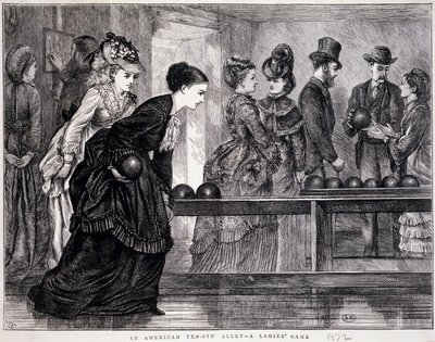 Unge kvinder, der spiller bowling, i USA, omkring 1870 - gravering af Unknown artist