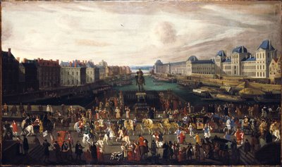 Pont-Neuf, set fra indgangen til Place Dauphine, Quai Malaquais med Collège des Quatre-Nations under opførelse, Grande Galerie og Louvre, ca. 1665. Passage af et optog på broen, mellem 1665 og 1669 (olie på lærred) af Unknown artist