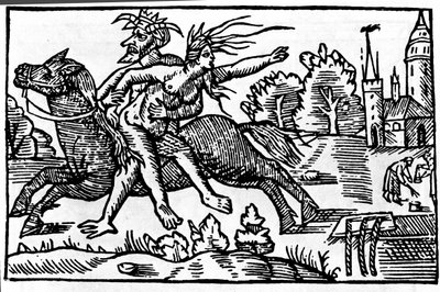djævelen tager en heks fra en hest og tager hende til helvede. Xylografi af det 16. århundrede af Unknown artist