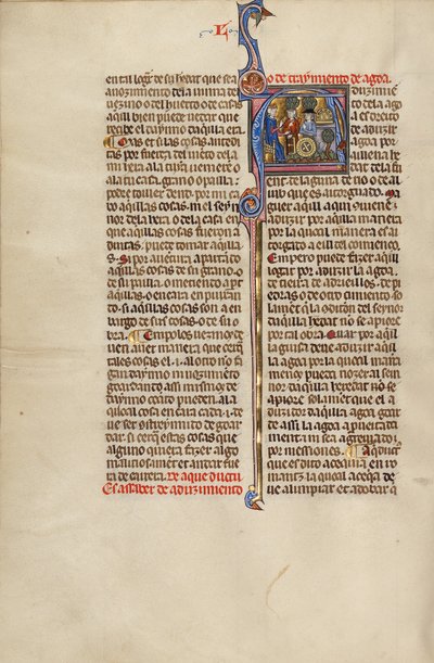 Initial A: En dommer og to mænd, der peger på en akvadukt og et møllehjul af Unknown artist/maker