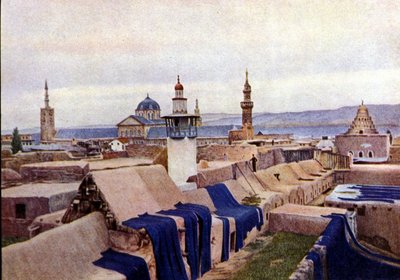 Blå bomuldsstoffer lagt til tørre på tagene af farvere i Damaskus (Syrien). af Unknown photographer