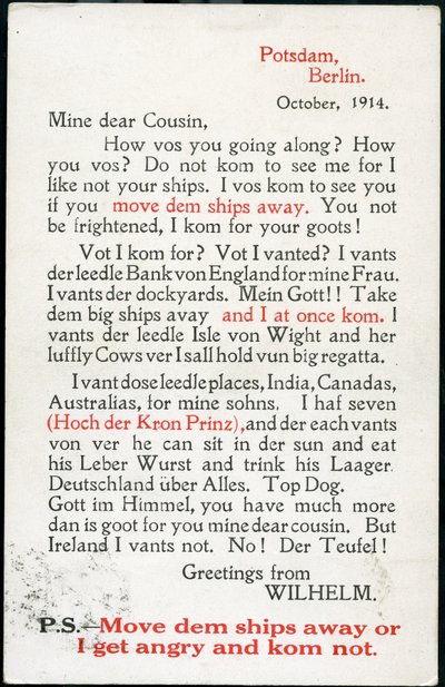 Første Verdenskrig: Frankrig, komediekort, der viser en tale af William II på engelsk med tysk accent af Unknown photographer