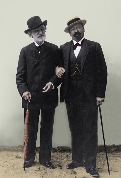 Giuseppe Verdi, italiensk komponist (1813-1901), og tenor Francesco Tamagno (1850-1905) i Montecatini i slutningen af det 19. århundrede. af Unknown photographer