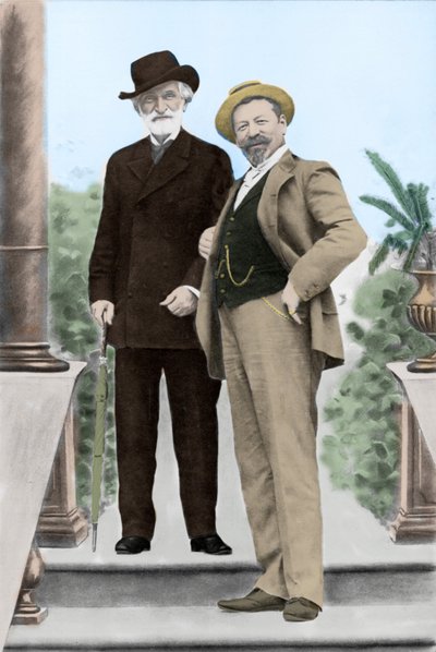 Giuseppe Verdi, italiensk komponist (1813-1901), og tenor Francesco Tamagno (1850-1905) i Montecatini i slutningen af det 19. århundrede. af Unknown photographer
