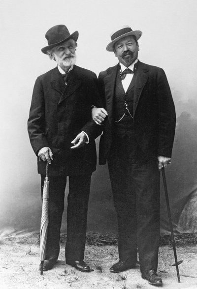 Giuseppe Verdi, italiensk komponist (1813-1901), og tenor Francesco Tamagno (1850-1905) i Montecatini i slutningen af det 19. århundrede. af Unknown photographer