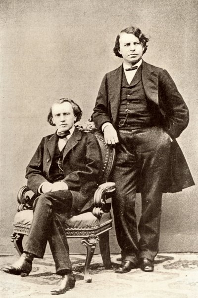 Johannes Brahms (1833-1897), tysk komponist, siddende sammen med Joseph Joachim (1831-1907), ungarsk violinist og komponist og direktør for Berlins konservatorium. Halvtone fra et fotografi (print) af Unknown photographer