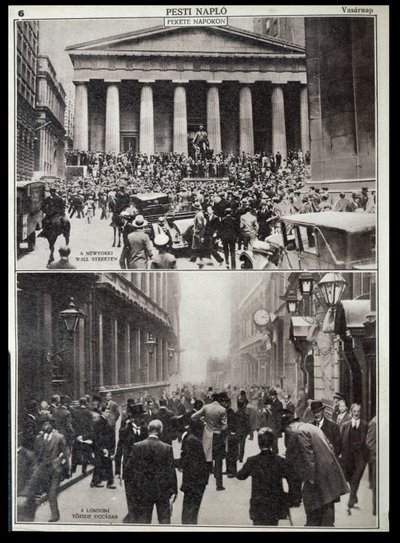 Øverst: Sorte dage på Wall Street; nederst: Børsen i London på tidspunktet for krakket i 1929, fra 