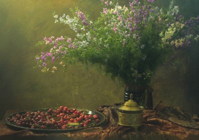 Vintage-kirsebær og vilde blomster af UstinaGreen