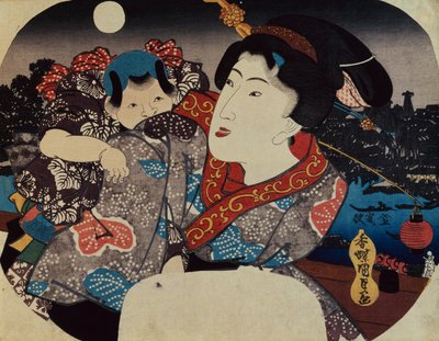 En kvinde, der bærer et barn på ryggen (træbloktryk) af Utagawa Kunisada