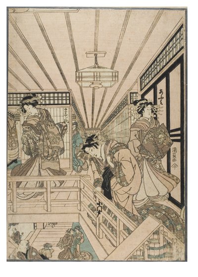 Scene fra Shin Yoshiwara (triptykon). Bordelinteriør i Yoshiwara-kvarteret med kurtisaner og kunder, ca. 1830-1843 (træsnit på papir) af Utagawa (1786-1865) Kunisada