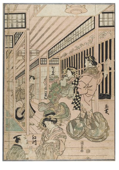 Scene fra Shin Yoshiwara (triptykon). Bordelinteriør i Yoshiwara-kvarteret med kurtisaner og kunder, ca. 1830-1843 (træsnit på papir) af Utagawa (1786-1865) Kunisada