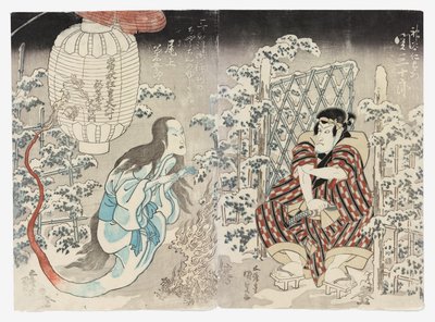 Seki Sanjūrō II som Kamiya Niemon og Onoe Kikugorō III fra Kamigata (Kudari) som lanternespøgelset, der hyldes i alle tre byer (Sanganotsu gohyōban no chōchin no yūrei) af Utagawa (1786-1865) Kunisada