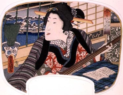 Winter, Shinobazu Pond; En geisha øver en ballade, design til en vifte fra et sæt på fire med illustrationer af årstiderne af Utagawa Kunisada