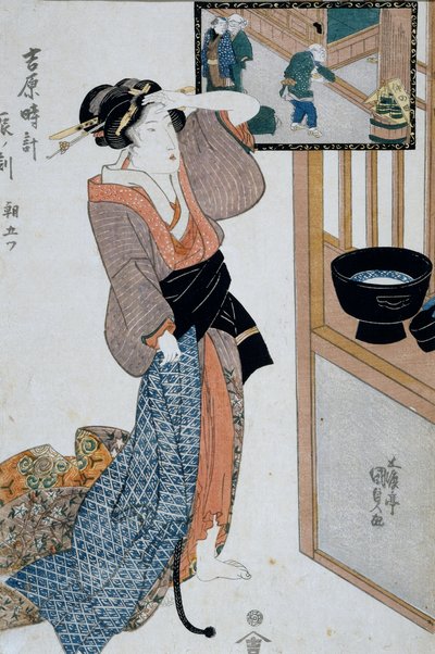Hour of tiger, seventh hour of morning, Ca 1818, Ukiyo-e kunsttryk af Utagawa Kunisada (1786-1865) fra De tolv timer i Yoshiwara, Oban-tate-e træsnit, 37x24,9 cm, japansk civilisation af Utagawa Kunisada