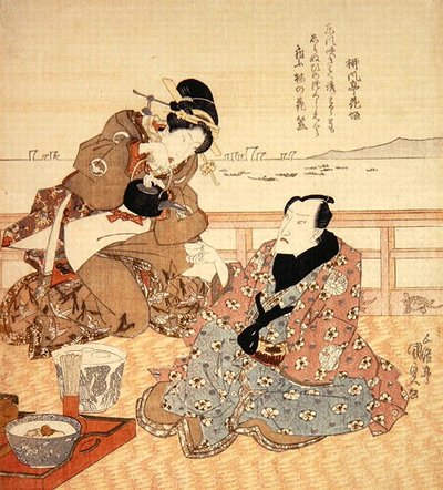 Onoe Kikugoro III tager te i Shinagawa, ca. 1825 (farvet træbloktryk) (se også 282741) af Utagawa Kunisada