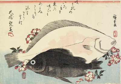 (Fluke and Black Bass, Cherry Blossoms) af Utagawa Hiroshige